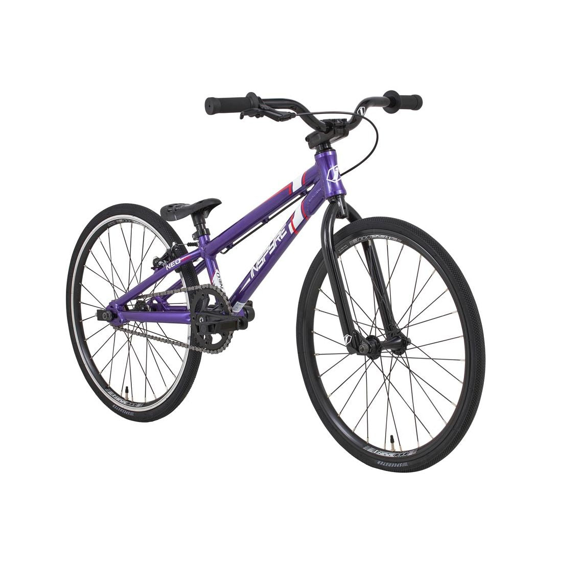 The Inspyre Neo Mini Bike 2026 features a compact purple frame, black tires, and a straight handlebar, shown from a front-side angle on a white background—ideal for kids’ BMX racing or riders seeking an entry-level race bike.