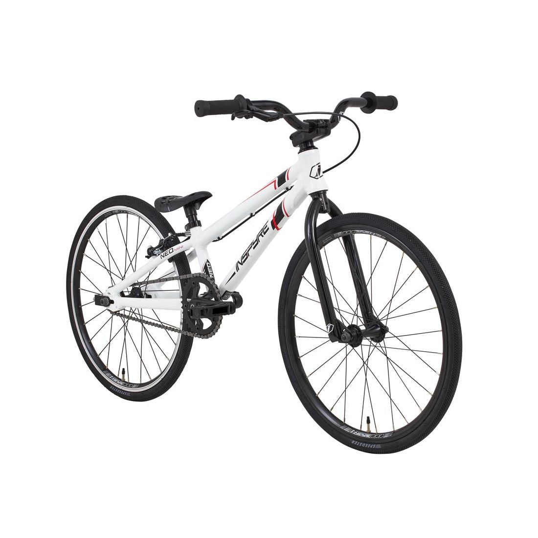 The Inspyre Neo Mini Bike 2026 is a white entry-level BMX race bike with black tires, black seat, and minimal red and black graphics, shown angled on a plain white background—ideal for kids’ BMX racing.
