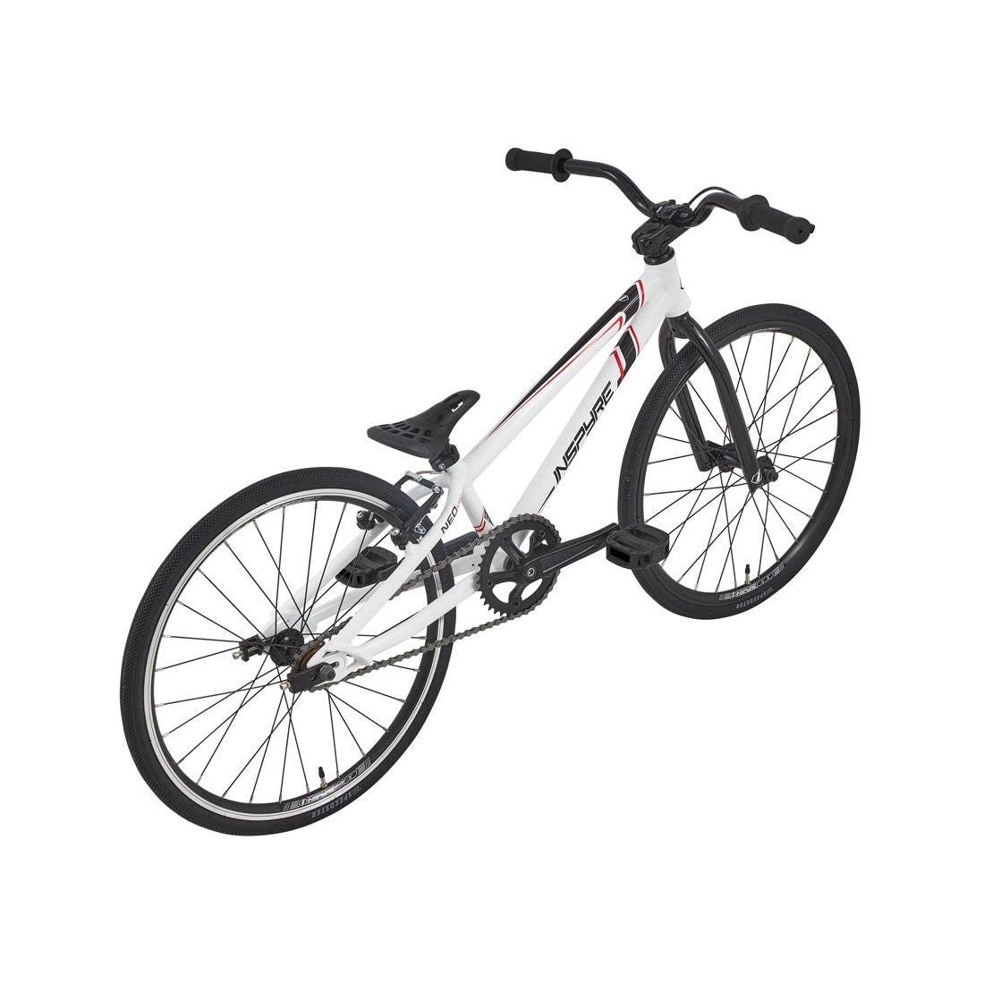 The Inspyre Neo Mini Bike 2026 is a white BMX race bike with black handlebars, seat, and wheels, shown from a rear side angle on a white background—perfect for kids and entry-level BMX racers.