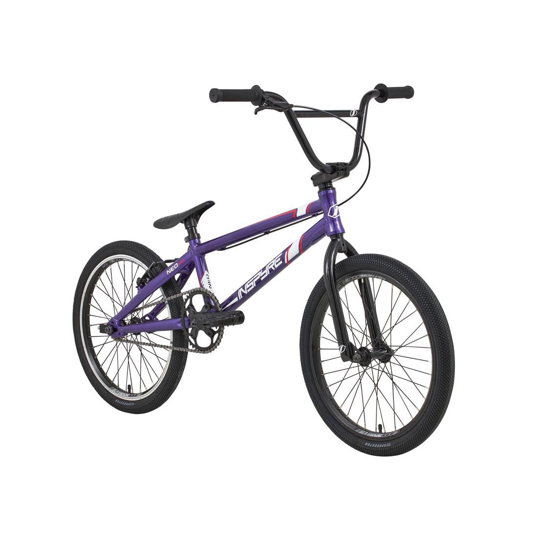 The Inspyre Neo Pro Bike 2026 is shown in purple with black tires, a black seat, and straight handlebars on a white background—an ideal entry-level BMX for new riders.