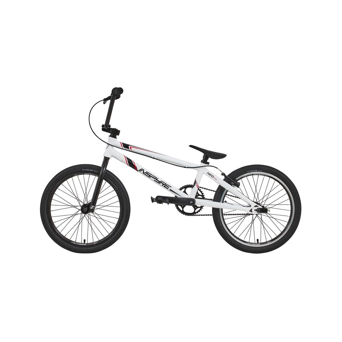 The Inspyre Neo Pro Bike 2026 is shown in side profile with a white frame, black wheels, handlebars, and seat against a plain white background—an ideal entry-level BMX for aspiring riders.