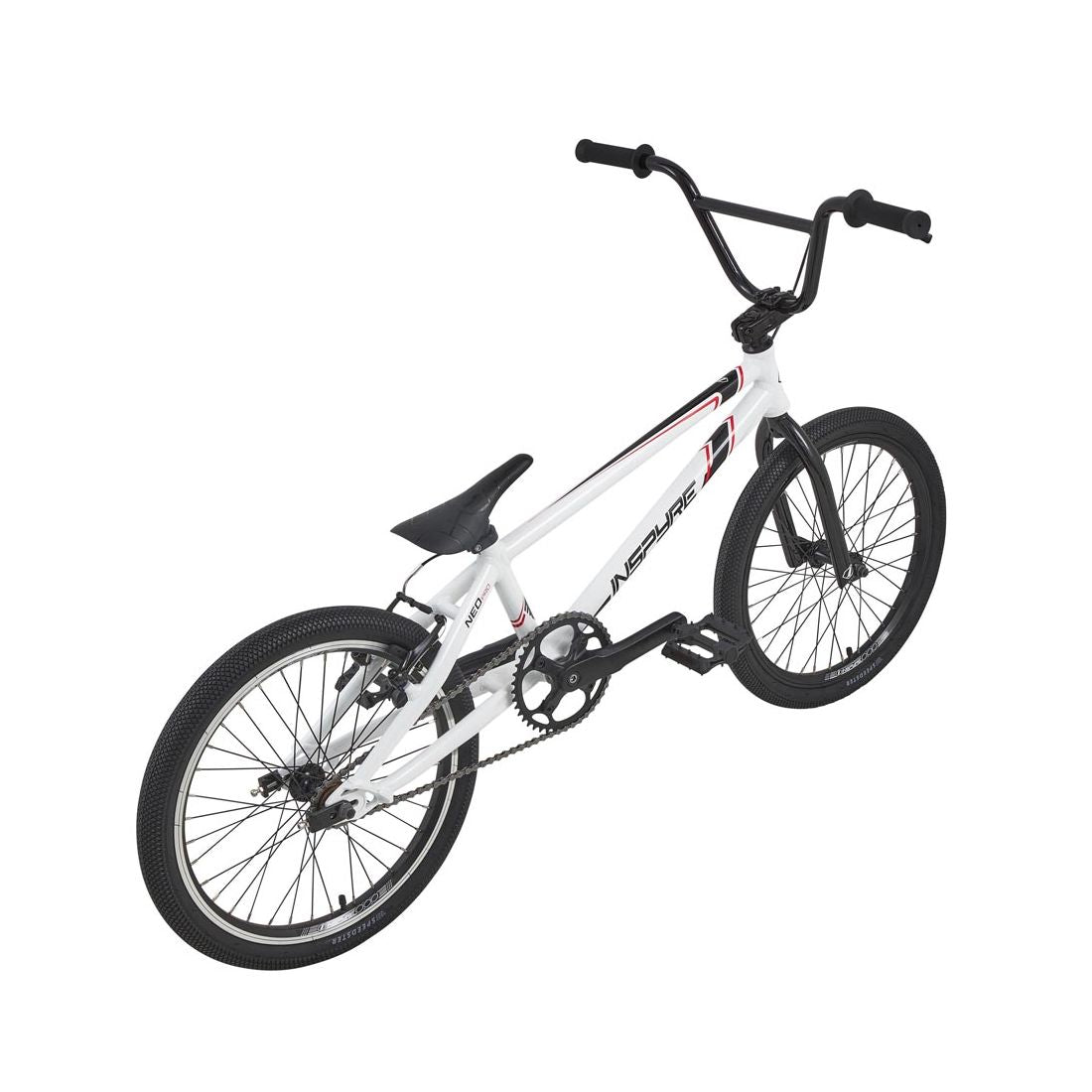 A white Inspyre Neo Pro Bike 2026 entry-level BMX race bike with black handlebars, seat, and tires, viewed from an elevated rear angle.