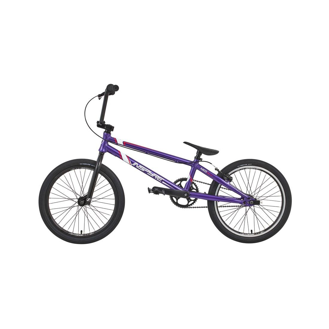 The Inspyre Neo Pro XL Bike 2026 is a purple BMX race bike with an aluminium frame, black wheels, single gear, flat pedals, and a straight top tube, shown in profile against a white background—ideal for entry-level racers.