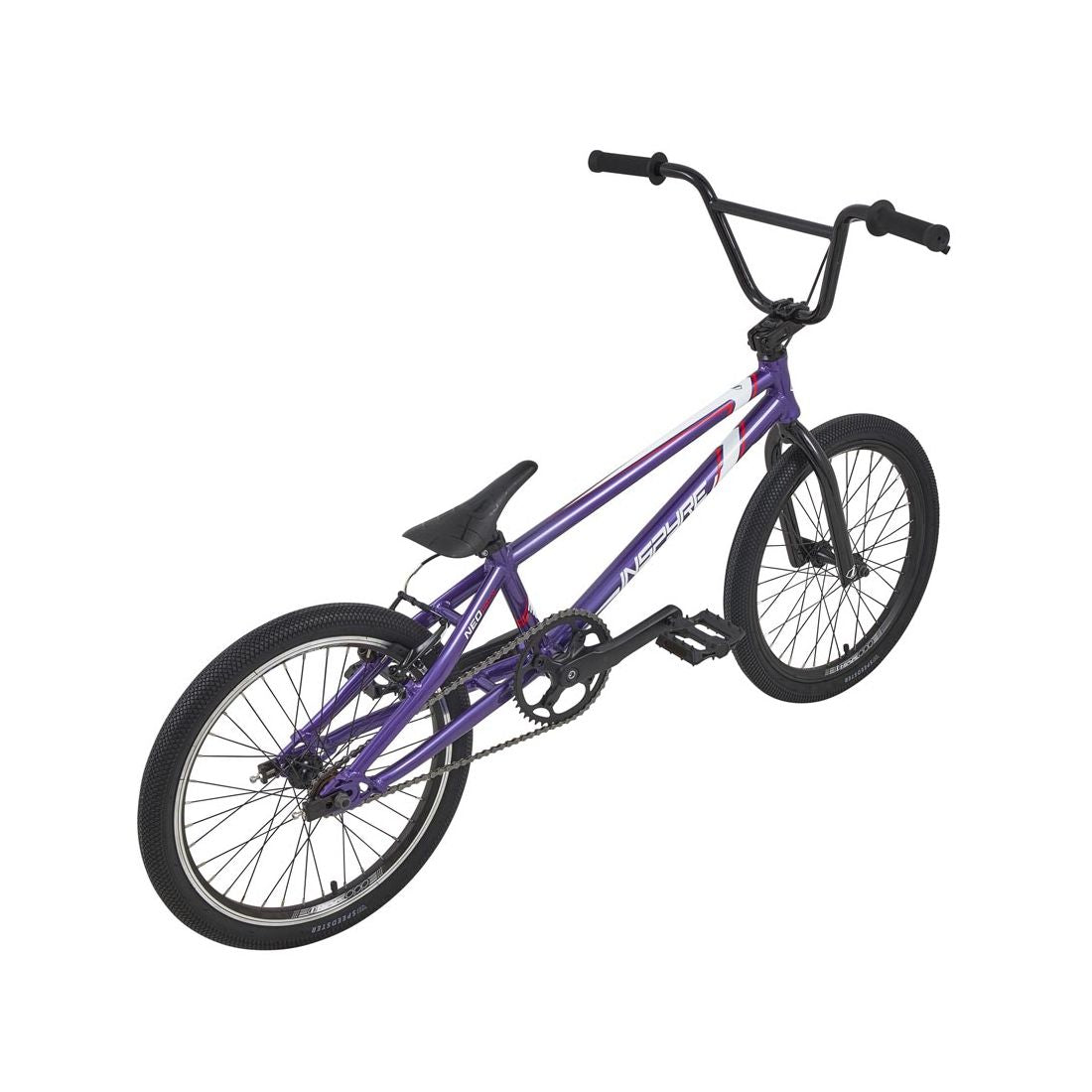 The Inspyre Neo Pro XL Bike 2026, a purple and white BMX race bike with an aluminium frame, black handlebars, seat, and tires, is displayed on a white background.