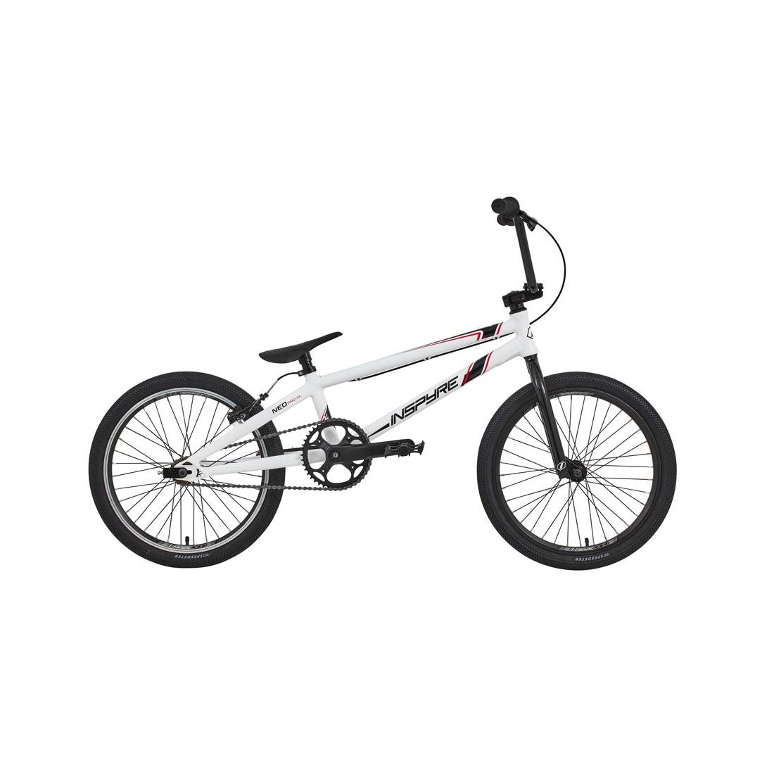 The Inspyre Neo Pro XL Bike 2026 features a white aluminium frame, black wheels and saddle, with bold red and black accents—shown in profile on a white background—perfect for riders seeking an entry level BMX race bike.