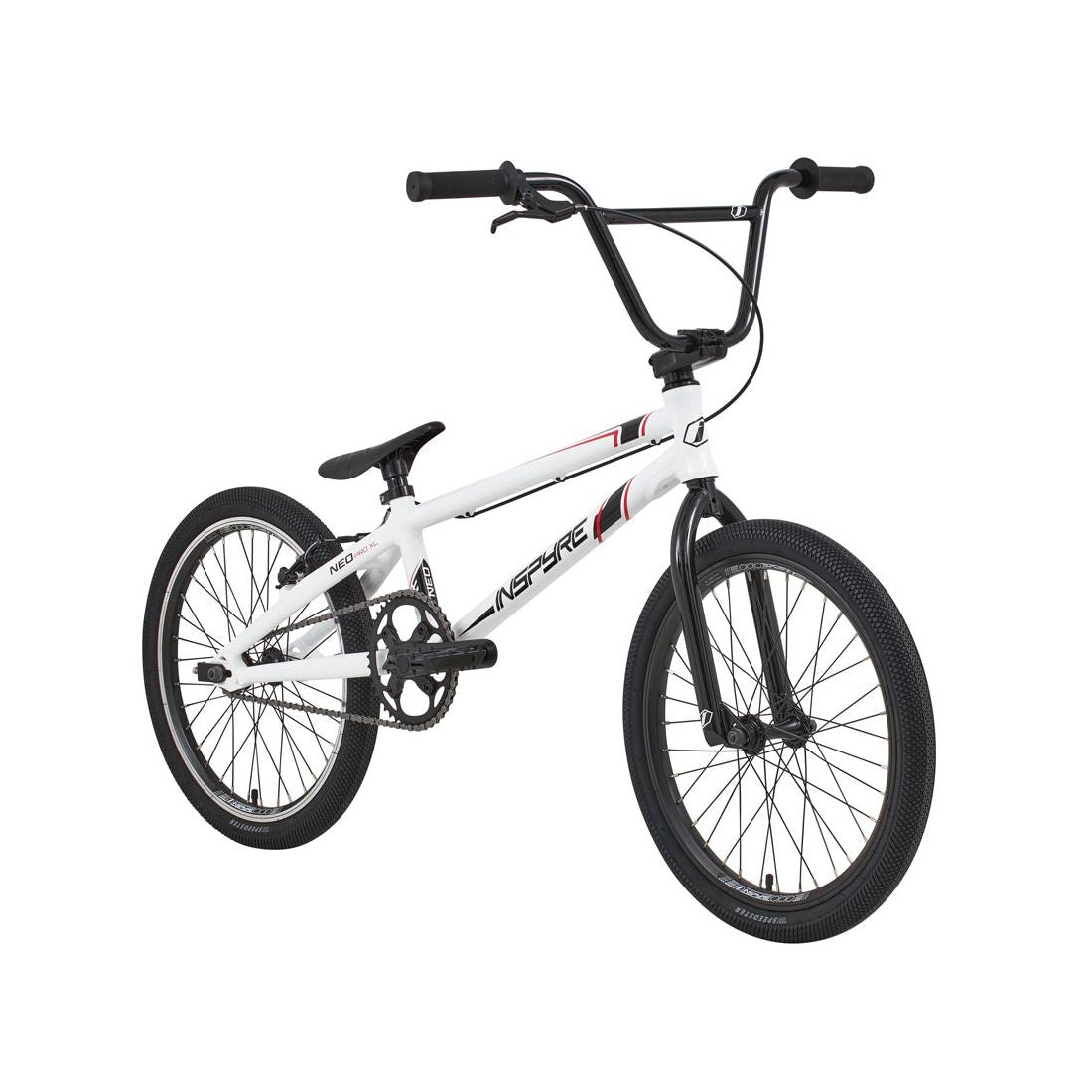 The Inspyre Neo Pro XL Bike 2026 is a white BMX race bike with an aluminium frame, black handlebars, wheels, and seat, shown angled on a plain white background.