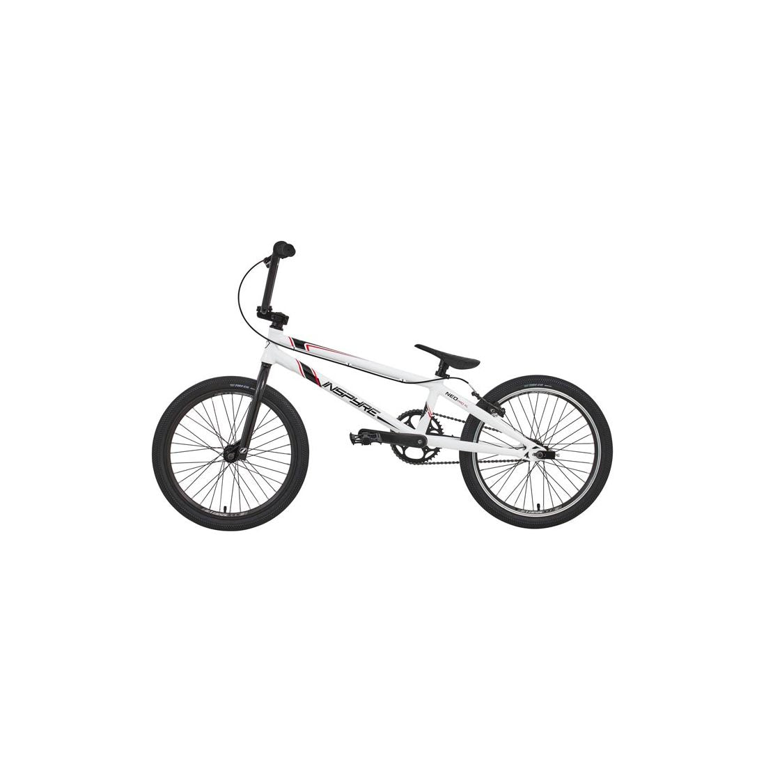 The Inspyre Neo Pro XL Bike 2026 is a white entry-level BMX race bike with an aluminum frame, black handlebars, seat, and tires, shown in profile on a plain white background.