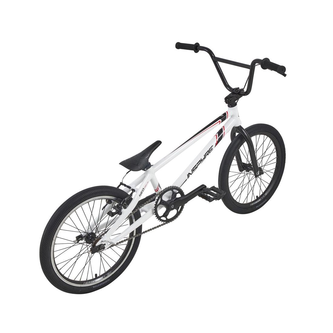 The Inspyre Neo Pro XL Bike 2026 is a white BMX with black wheels and handlebars, angled on a plain white background. Its aluminum frame has black and red accents, making it an ideal choice among entry-level race bikes.