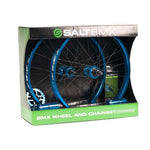 The Salt Valon Wheel & Chainset includes two blue bicycle wheels, a visible drivetrain with a 25T sprocket, and comes in SALT BMX branded packaging.