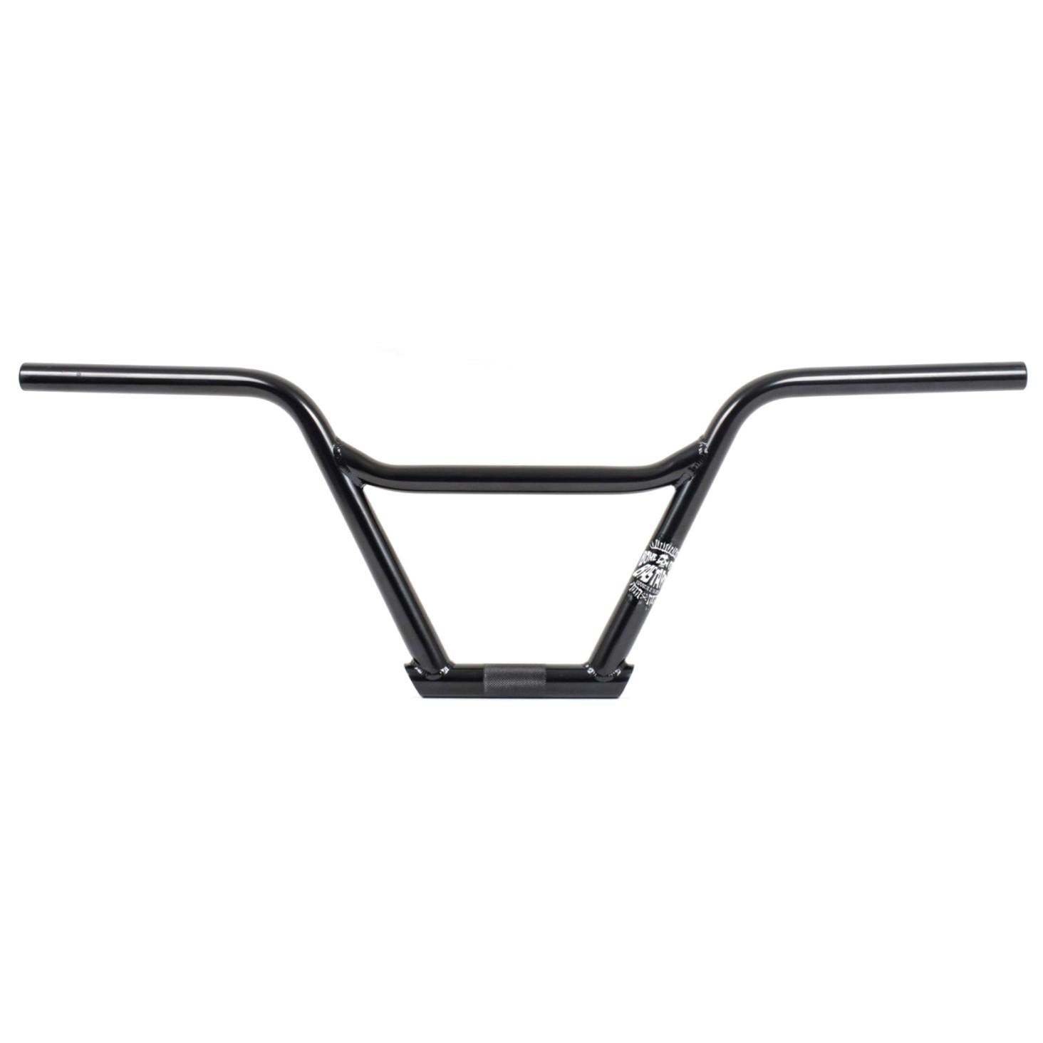 Bone Deth Bastard Bars: Black BMX handlebar with a crossbar and a sticker near the grip area, set against a white background.