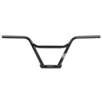 Bone Deth Bastard Bars: Black BMX handlebar with a crossbar and a sticker near the grip area, set against a white background.
