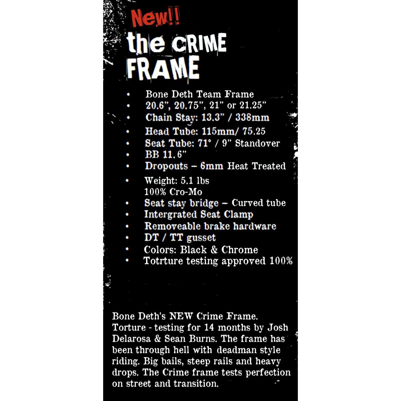 Promotional poster for Bone Deth Crime Frame—crafted by a top BMX brand. Features include multiple sizes, lightweight materials, and a sleek chrome design—all optimized for peak BMX performance.