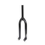 The Bone Deth Cruciforx Forks in Black feature a 28mm offset, straight steerer tube, and two elegantly curved arms. A small Bone Deth logo near the bottom adds distinction.