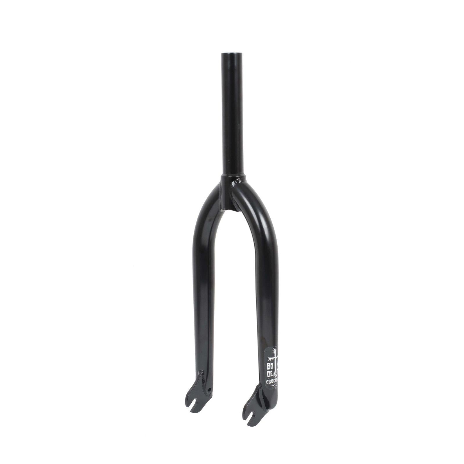 The Bone Deth Cruciforx Forks in Black feature a 28mm offset, straight steerer tube, and two elegantly curved arms. A small Bone Deth logo near the bottom adds distinction.