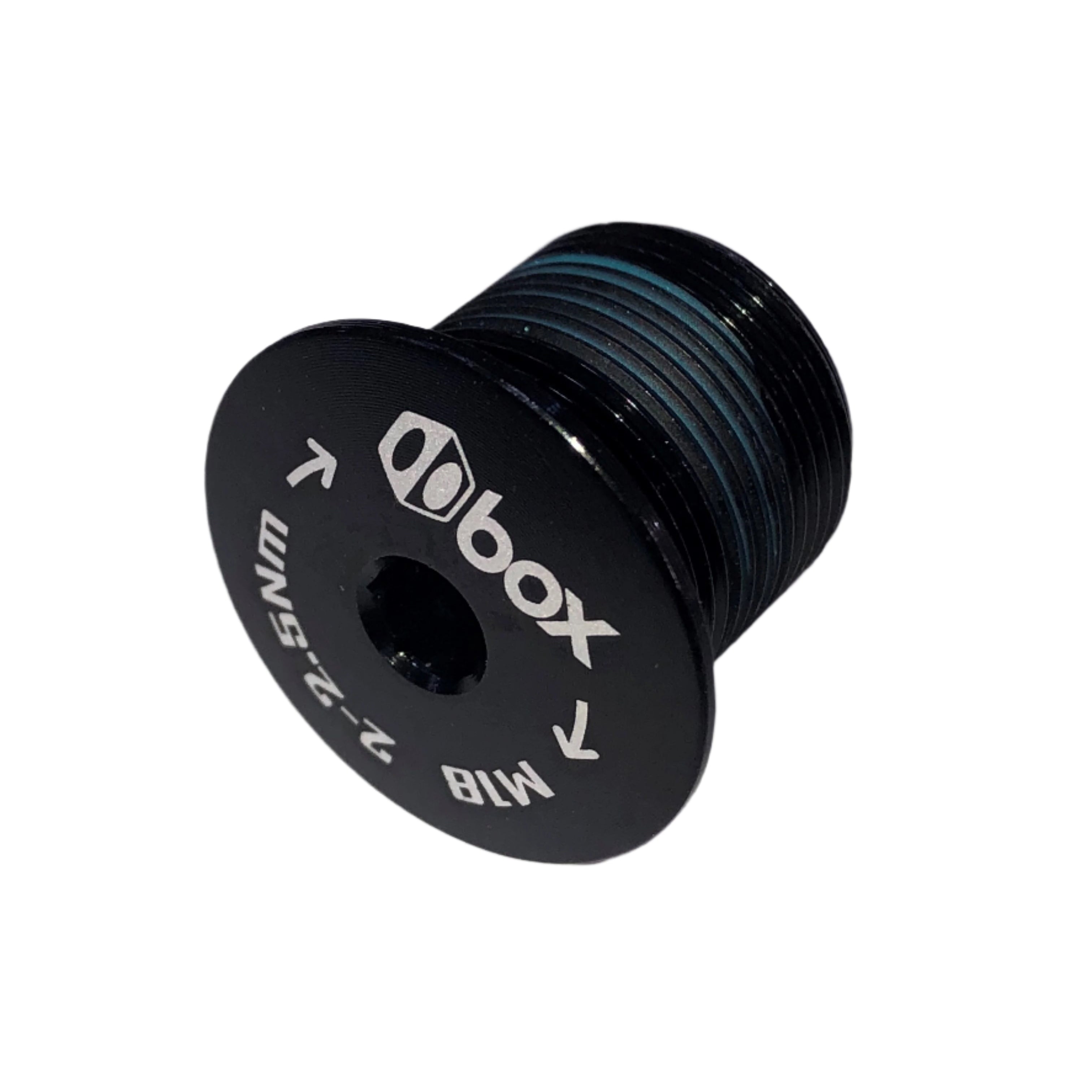 Black BOX Crank 2pce spindle bolt, black alloy, labeled "box" with M18, 22-25NM specs and directional arrows; threads on one end. Compatible with BOX three HF-2 cranks.