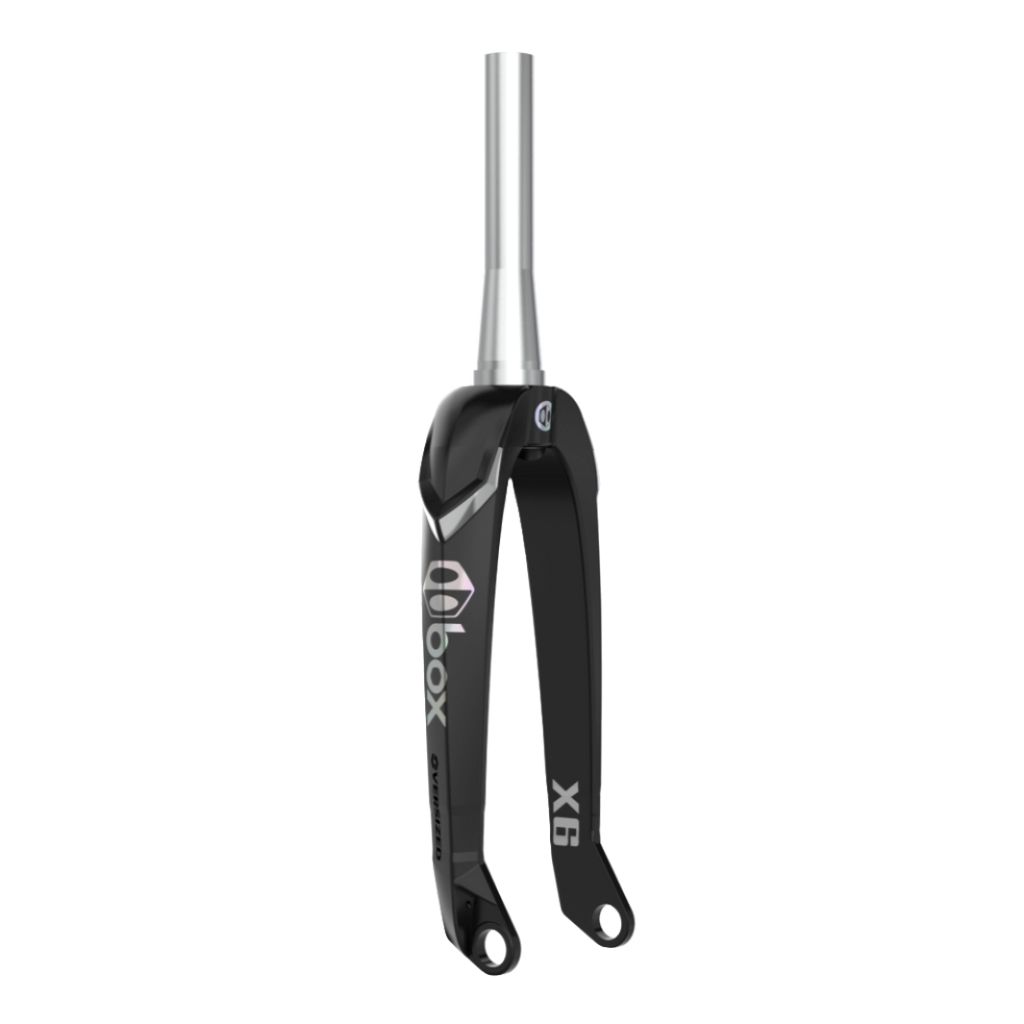 Close-up of a black BMX race bicycle fork, featuring a titanium steerer tube and the "Box Hex Lab Oversized X6 Pro 20 Inch 20mm Tapered Carbon" branding on the lower part.