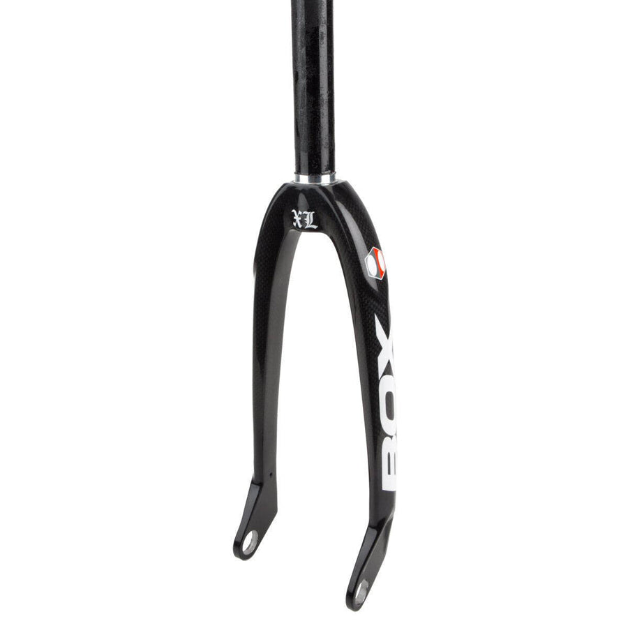 A lightweight black Box One XL Carbon Forks Pro Lite with a white logo.