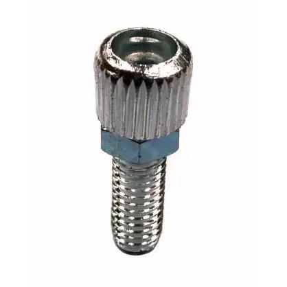 A metallic Brake Barrel Adjuster M5 with a knurled knob screw, threaded body, and cylinder-shaped head, viewed from an angle.