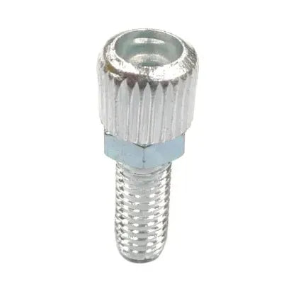 A close-up features a metallic knurled screw bolt with a hexagonal head and textured grip, paired with the Brake Barrel Adjuster M5 for precise control.