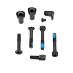 The Kink Brake Mount Kit (M6 P1.0) includes nine assorted black metal bolts and screws, some with blue threadlocker—ideal for use with a removable brake mount kit or as replacements for your Kink frame brake kit.
