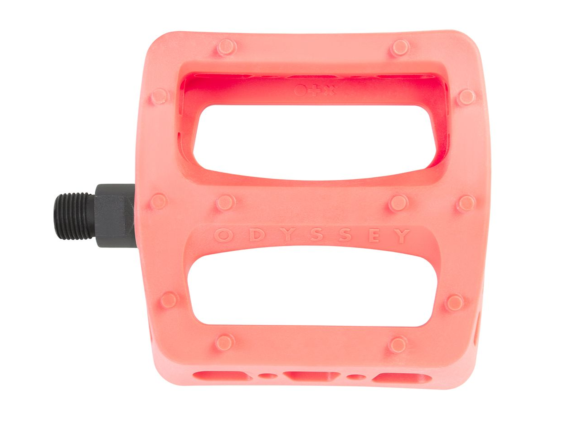 The Odyssey Twisted PC Pro Pedals in pink feature a rectangular shape, two large cutouts, a black metal spindle, and are made from durable high-strength nylon composite for both style and strength on your BMX ride.
