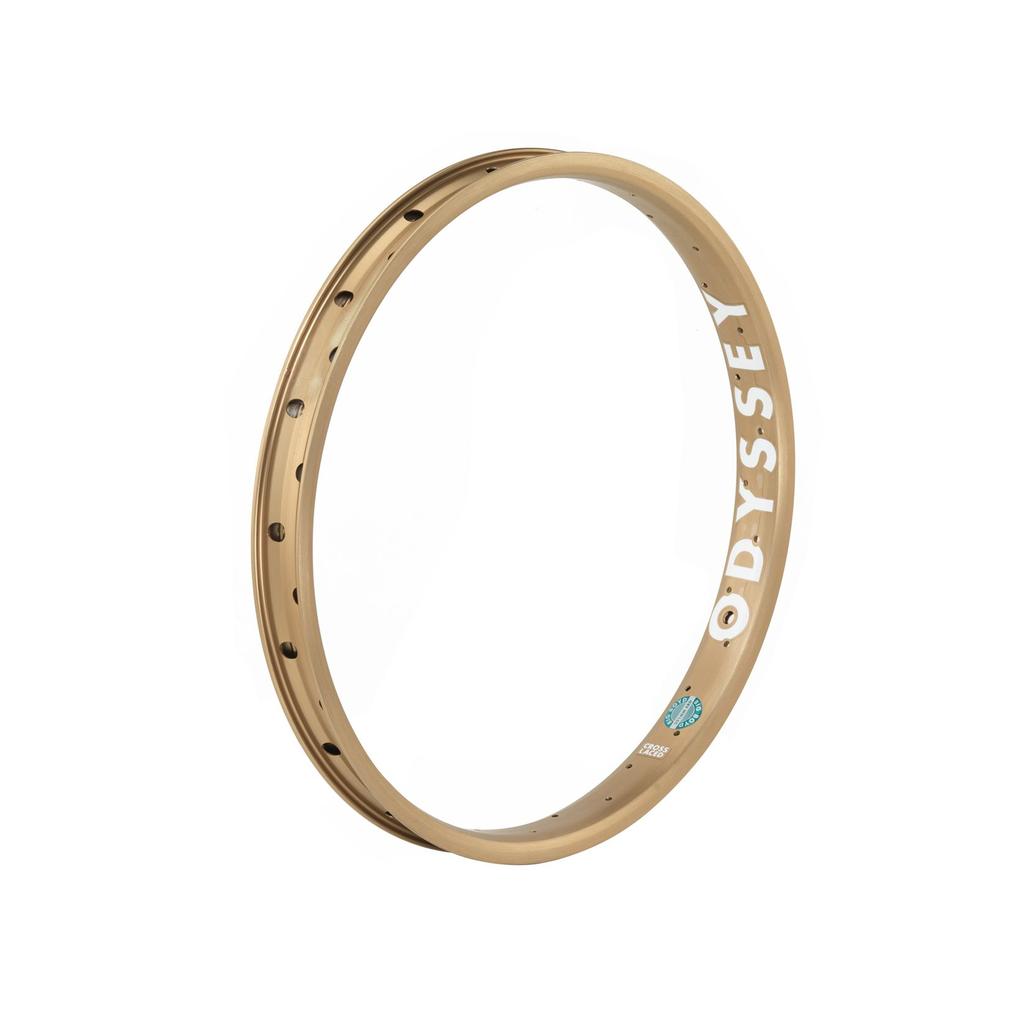 The Odyssey Big Boyd Rim is gold-colored, made of 6069-T6 aluminum with an extra-wide cross-section, several spoke holes, and "ODYSSEY" printed in white on the side.
