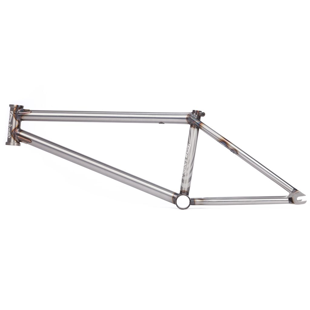 The BSD Focus Frame (Gaspar Guendulain) is shown in raw metal, side profile, against a white background with visible weld joints and no extra components attached.