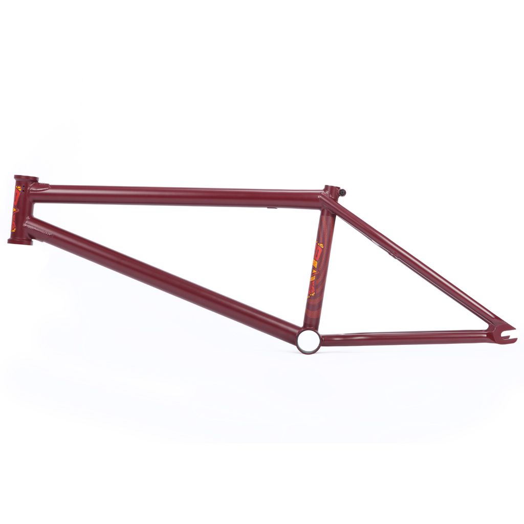 The BSD Focus Frame (Gaspar Guendulain) BMX frame in red is shown side-on against a white background, without wheels, seat, or handlebars attached.