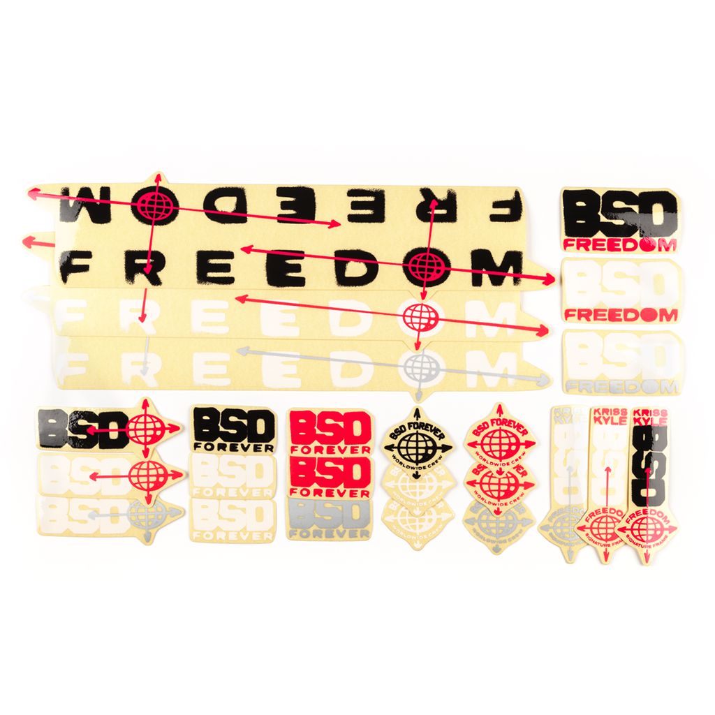 The BSD Freedom Frame 2019 Decal Set features a variety of stickers with text like "BSD Forever" and "Freedom" in black, red, and gold. Some designs include diagonal arrows and targets, making it ideal for refreshing your Freedom frame or as a replacement sticker pack for BSD products.