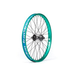 A green spoke on the BSD Front Street Pro x XLT Front Wheel with white lettering, making it street ready for the BSD Front Street Pro bicycle.