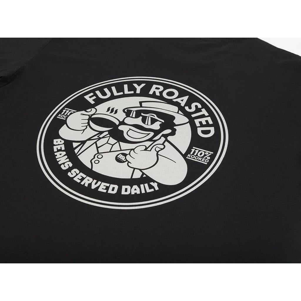 The BSD Fully Roasted T-Shirt features a logo on a black background with a cartoon enjoying coffee, alongside the text "Fully Roasted Beans Served Daily" and "110% Hooked.