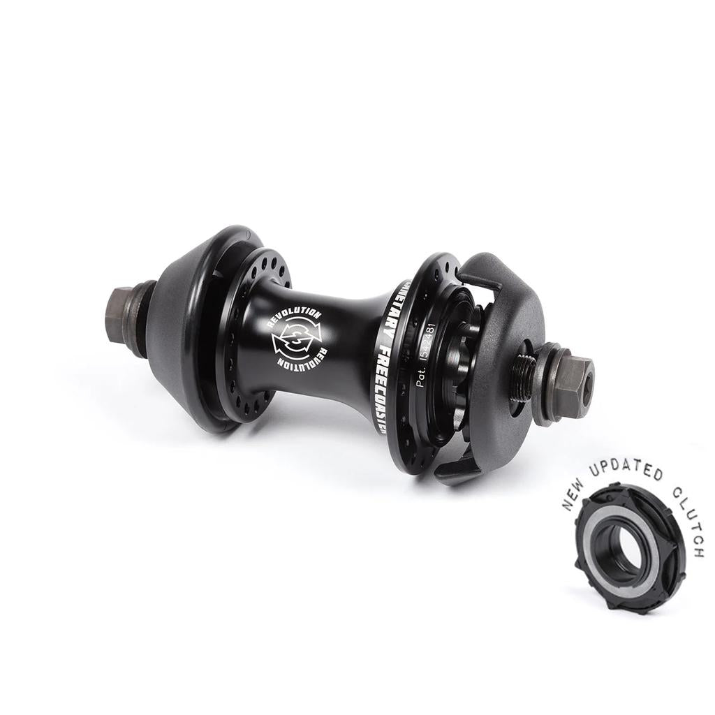 A BSD Revolution V1.5 Freecoaster Hub (Female Axle) in black, showing visible bolts and sprocket, is displayed on a white background with an updated clutch component positioned beside it.