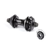 A BSD Revolution V1.5 Freecoaster Hub (Female Axle) in black, showing visible bolts and sprocket, is displayed on a white background with an updated clutch component positioned beside it.