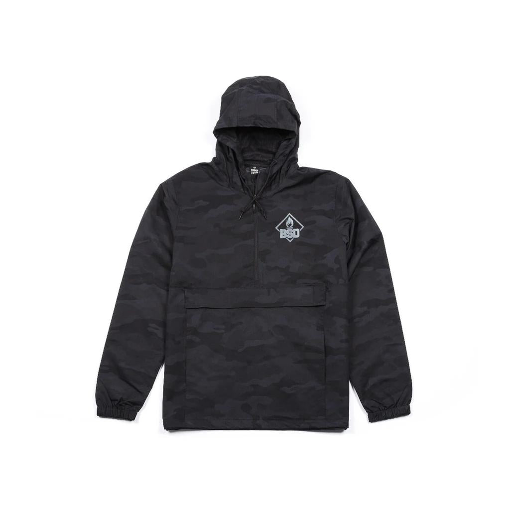 The BSD Roastin Jacket is a black camo water-resistant windbreaker featuring a half-zip front, spacious front pocket, and a logo on the left chest. Made from waterproof nylon fabric.