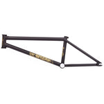The 2024 BSD Steeze Frame (Joe Foley) in sleek black highlights eye-catching yellow graphics and prominent branding on the down tube and rear triangle, showcasing Joe Foley's signature style. It features innovative SuperScoop chainstays for enhanced performance.