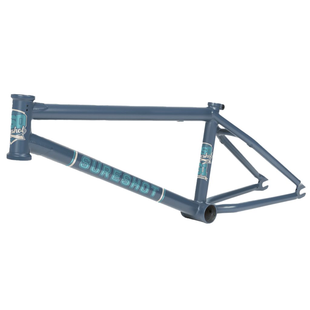 BSD Sureshot Frame, a blue BMX bike frame with distinctive graphics and removable brake mounts, isolated on white.