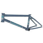 BSD Sureshot Frame, a blue BMX bike frame with distinctive graphics and removable brake mounts, isolated on white.