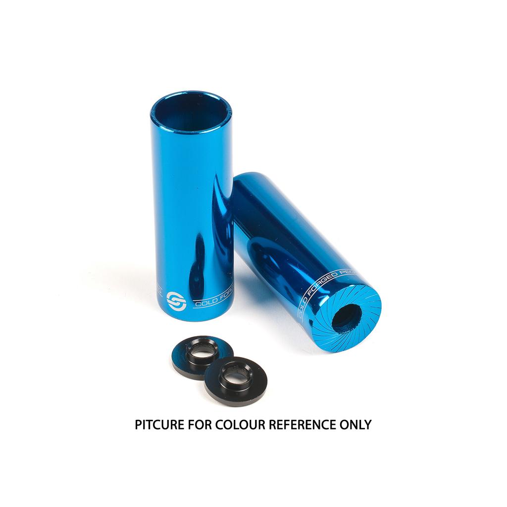Two Salt AM Steel Pegs (Pair) in blue (14mm axle) and two black circular components on a white background. Text: "PICTURE FOR COLOUR REFERENCE ONLY.