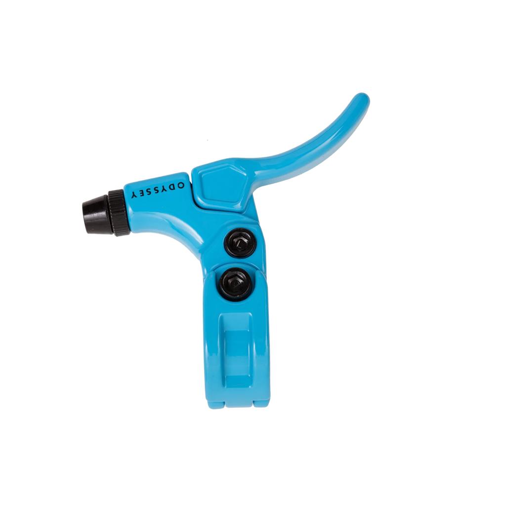The Odyssey Monolever Short Lever BMX brake lever is blue with a hinged clamp and black adjustment screws, shown against a white background.