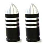A pair of Bullet With Stripes Valve Caps in silver and black showcases pointed tips and horizontal stripes.