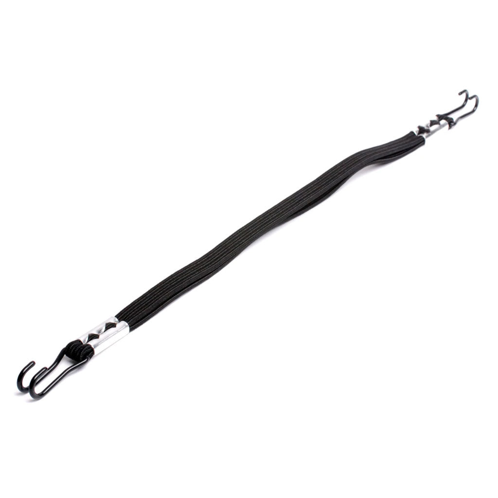 A black Fairdale Bungee Strap with hooks, perfect for the Fairdale Skaterack.