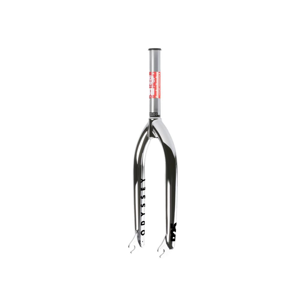 The Odyssey R25 Forks, made from durable silver 4130 chromoly steel with a 25mm offset and "ODYSSEY" on the side, combine performance and style. Displayed on a white background.