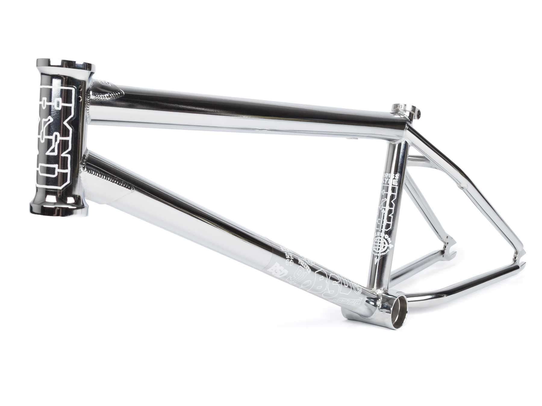 Chrome BSD Freedom Frame (Kris Kyle Signature) BMX frame featuring visible welds, invest cast wishbone, and white geometric logos on the head tube and top tube. Shown isolated on a white background.