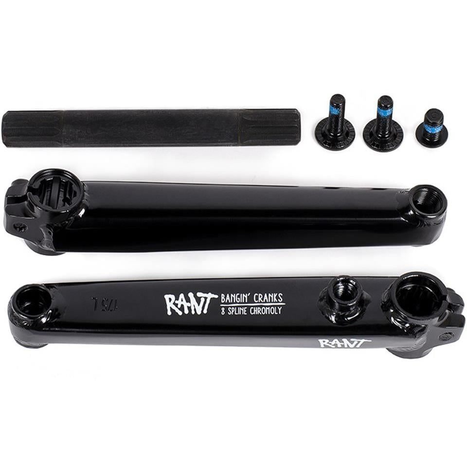 A black BMX crankset featuring the "Rant Bangin Cranks" with two crank arms, an axle, and three bolts is arranged on a white background.