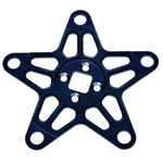 The Calculated Racing VSR R Series 5 Bolt Crank Spider 110bcd is a black, star-shaped metal component expertly CNC machined from 6061 aluminium, featuring a central square hole and five circular holes at each point—ideal for VSR M4 Mini Cranks.