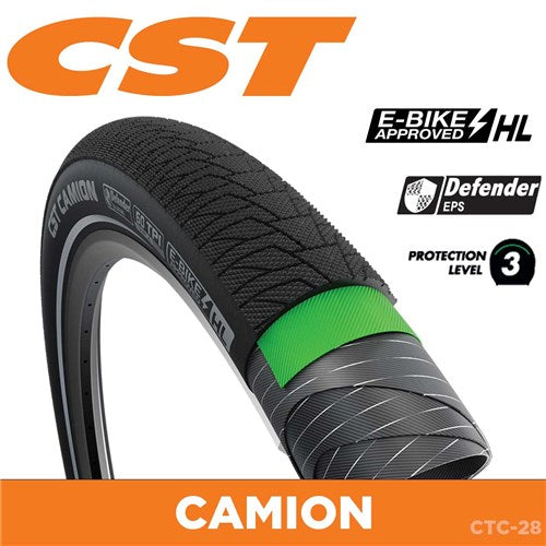 The CST Camion 27.5 Inch Tyre is a black, e-bike approved tire with diamond tread, green Defender EPS anti-puncture tech, protection level 3, and model code CTC-28.