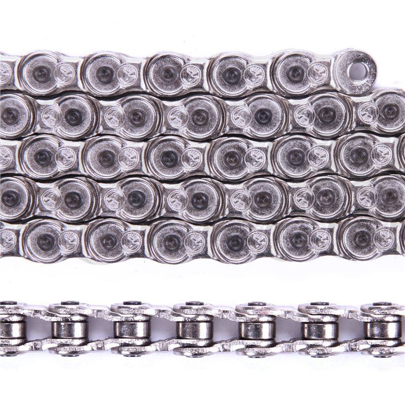 Close-up view of the Shadow Conspiracy Supreme Chain, highlighting its metallic interlocking links and rollers arranged in parallel rows.