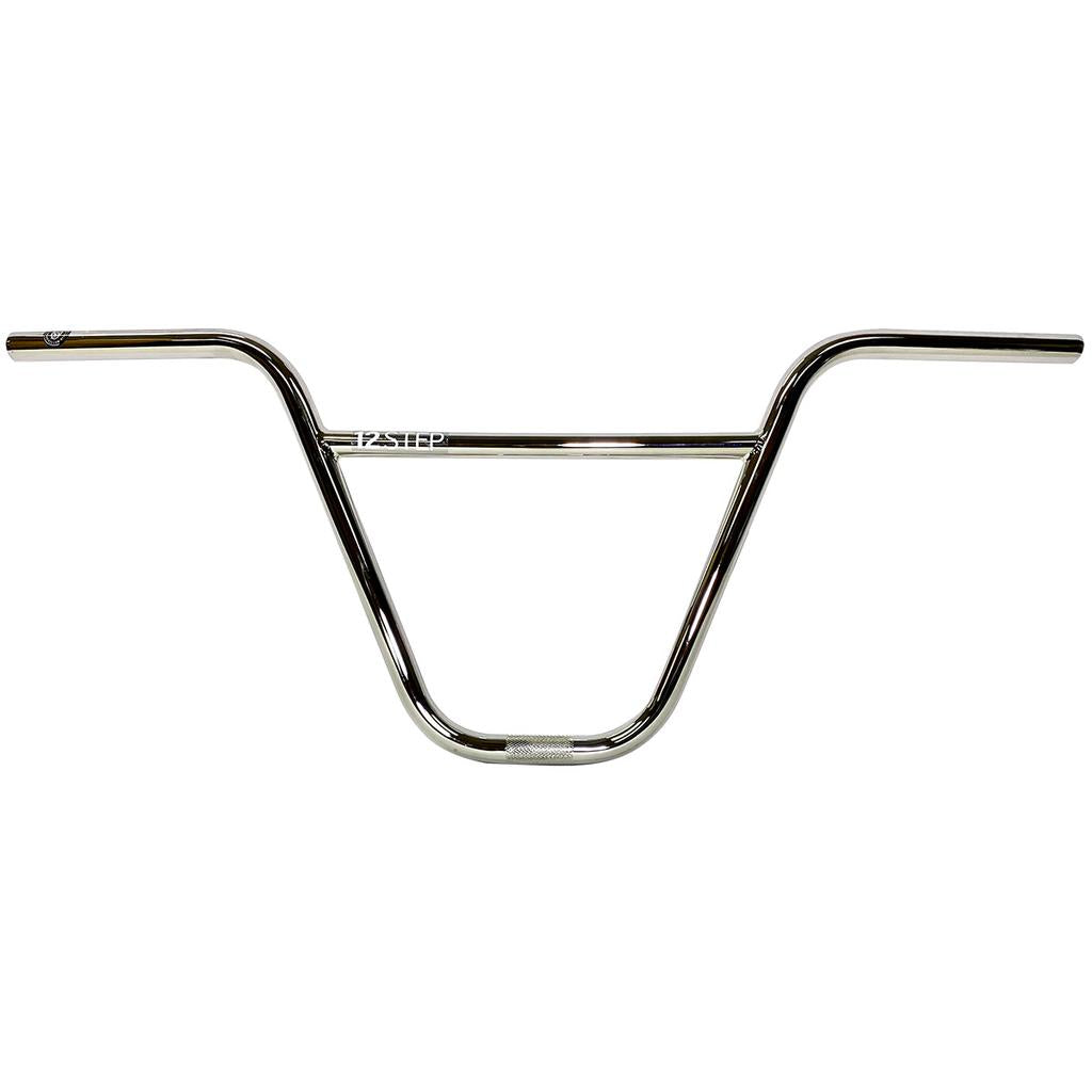 The S&M 12 Step Bars are chrome BMX handlebars with a crossbar and knurled grip area, displayed on a white background. Made in the USA, these bars offer top performance and durability.