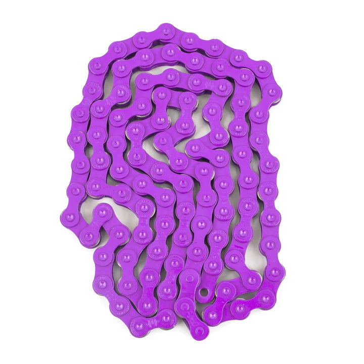 A coiled purple Mission 510 Chain for freestyle BMX.