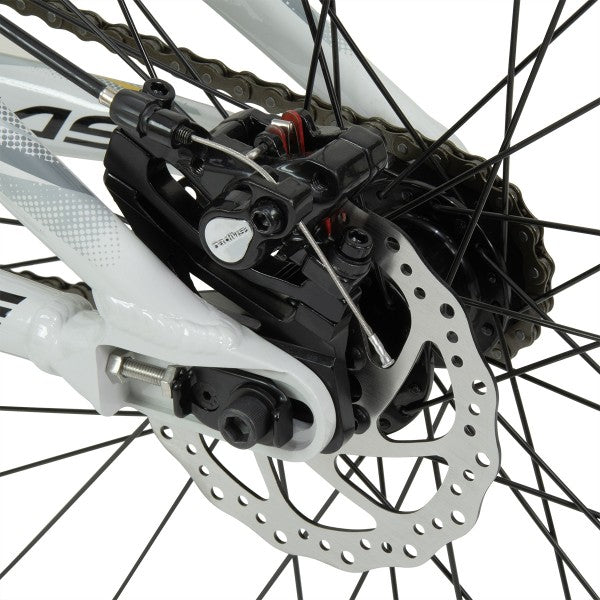 A close up of a bicycle's brake and disc featuring Chase Edge Expert XL Bikes (2024) with championship winning geometry frames.